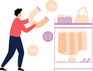 Guy is shopping at 50 to 70% discount.