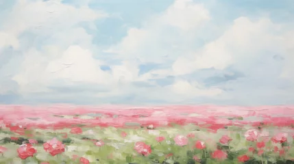 Fototapete Rund Minimalist landscape painting of a pink flower field, set against a backdrop of a blue sky © Kseniya