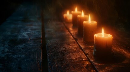 Photorealistic long shot of burning candles on an old wooden table, with a dark black background, glowing light reflecting on the aged wood, moody ambiance