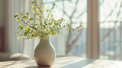White vase with flowers on the background of a window in daylight close-up