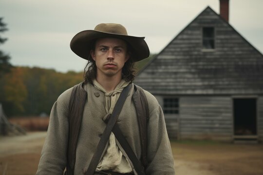Thoughtful young man dressed in traditional colonial attire stands outdoors with an old house in the background