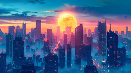 Obraz premium Design a futuristic cityscape with skyscrapers reaching towards the Eid moon, blending tradition with innovation in a dynamic urban setting.