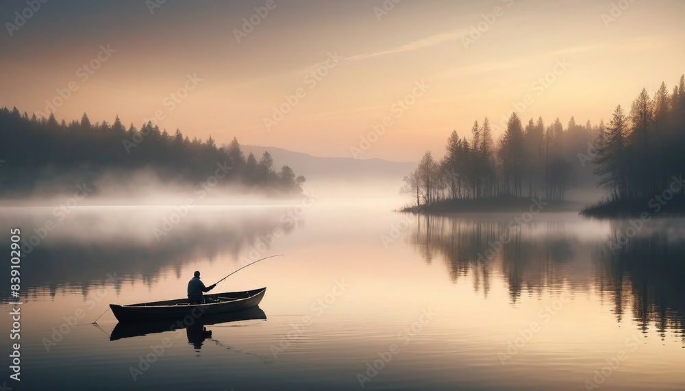 Wall mural man fishing in wood humble boat in calm waters by the lake in the beautiful sunset and reflection
