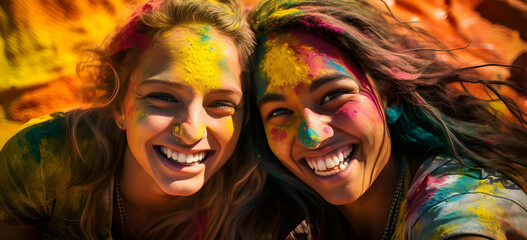 Obraz premium Write a story about two individuals from different backgrounds or communities who form an unexpected connection during Holi, breaking down stereotypes and fostering understanding