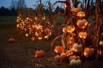 Magical evening scene of a pumpkin patch with glowing jack-o'-lanterns amidst cornstalks