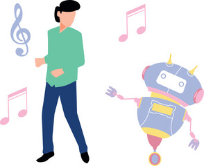 Boy and robot dancing to music.