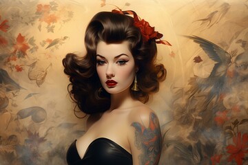 Digital illustration of a woman with vintage hairstyle and tattoo, evoking fall romance