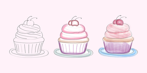 This image shows the stages of drawing a cherry cupcake. The first image is a simple line drawing, second and final adds color and detail with shading and highlights