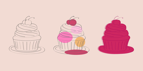 Three hand-drawn illustrations of cupcakes with a cherry on top. The first cupcake is a simple outline, the second is filled with pink and orange accents, and the third is a solid pink.
