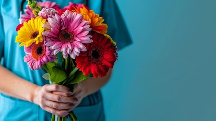 A nurse in scrubs holds a bouquet of colorful flowers in front of a blue background. The image celebrates National Nurses Day