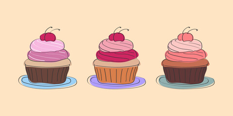 This illustration depicts three cherry cupcakes on plates, each with a different frosting color. They are drawn in a simple cartoon style and have a slightly whimsical feel.
