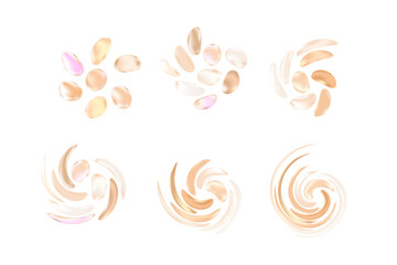Abstract beige spin shapes, liquid swirl flow, neon nude color blob particle, smooth fluid droplet elements with glowing gradient texture. Aesthetic pearl decoration, isolated transparent background.