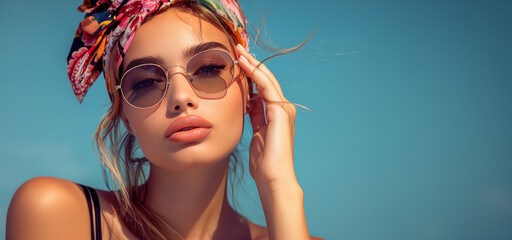 A woman wearing a colorful scarf and sunglasses. She is posing for a photo. The scarf is pink and yellow. pretty female model wearing bandana on head and sunglasses leaning on hand