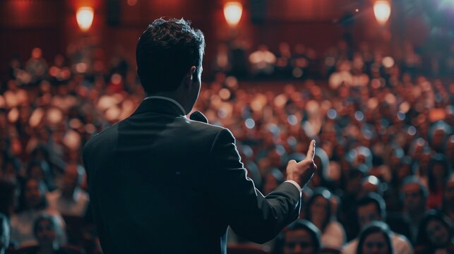 A visionary entrepreneur speaking at a business conference, passionately sharing their journey, challenges, and successes, inspiring the audience with stories of perseverance and innovation