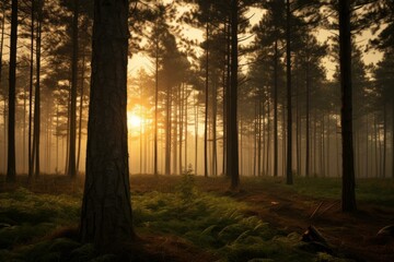 Obraz premium Golden sunlight pierces through the fog among tall pines and lush ferns in a tranquil forest scene