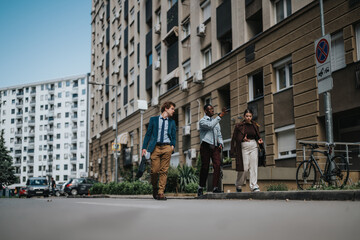Three multicultural business professionals casually stroll down a busy city street, discussing work while surrounded by urban architecture.
