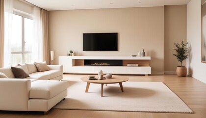 White sofa and a tv unit in a spacious room. Luxury home interior design of modern living room
