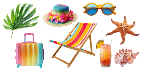 Summer tropical vacation set including of beach chair, sunglasses, suitcase and other isolated on background, Beach trip accessories.