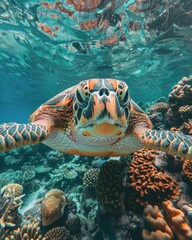 Fototapeta premium Sea Turtle Swimming Through Coral Reef