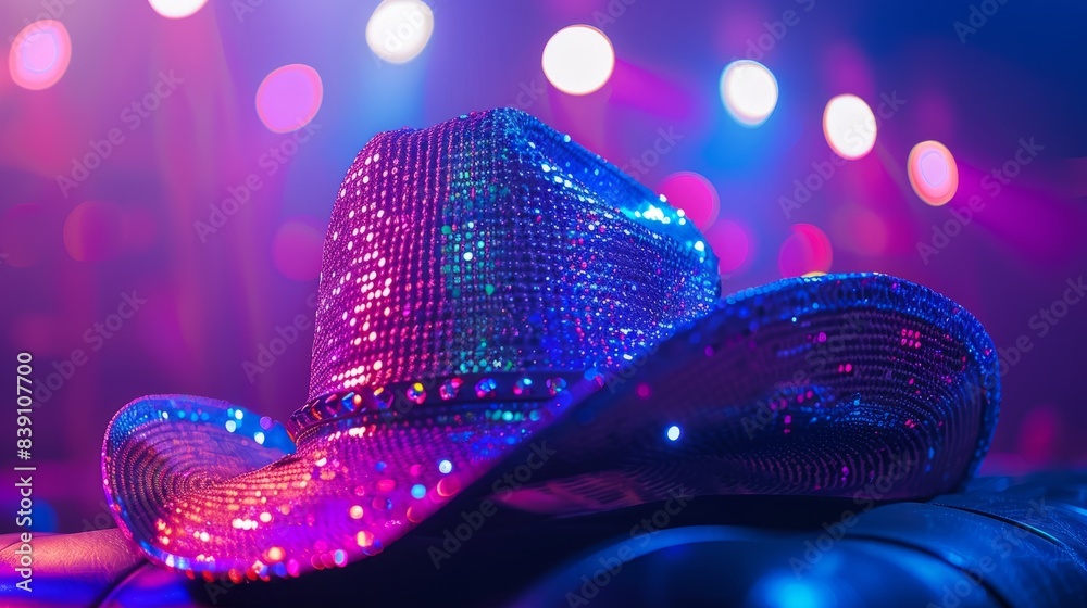 Wall mural a close-up of a sparkling rhinestone cowboy hat, underneath vibrant stage lights, capturing the atmo