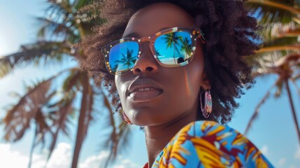 A stylish young black woman with vibrant clothing and holographic sunglasses is enjoying a sunny day at the beach