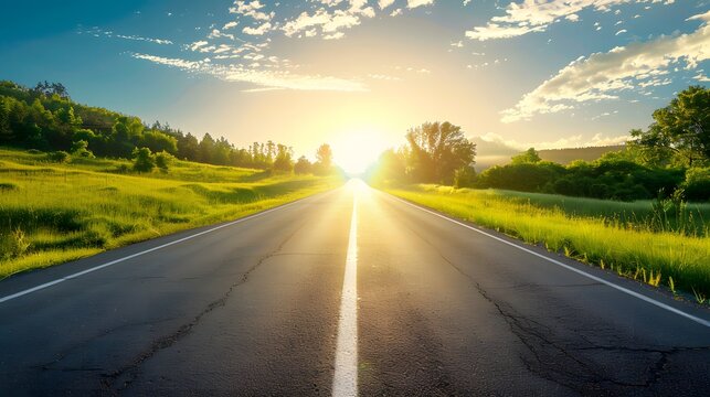 直線で続く道の向こうに太陽が昇っているイメージ