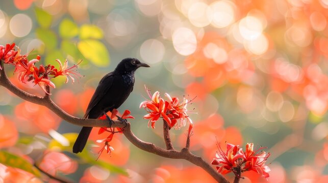 A black Asian koel bird perched on a branch of Erythrina Fusca flowers, with a sunlit background, celebrating Sinhala New Year