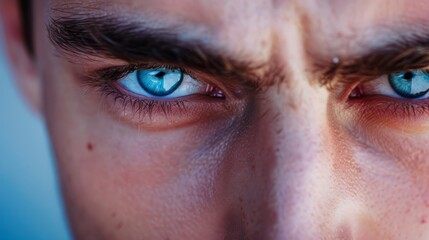 A close-up shot captures the intensity and clarity of a young mans piercing blue eyes, emphasizing his focused gaze