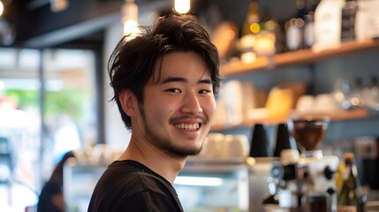 Fototapeta premium カフェで働く笑顔の日本人男性