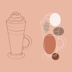 This illustration features two-line art drawings of iced coffee drinks. Both drinks are depicted with whipped cream on top and are in tall glasses with handles