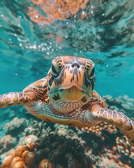 Fototapeta premium Sea Turtle Swimming Through Coral Reef