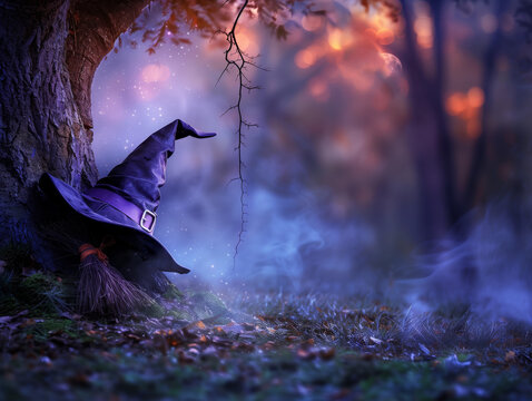 Hexenhut und Besen an einem Baum