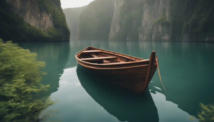 Obraz premium wood humble boat in calm waters, surrounded by towering cliffs and lush vegetation 