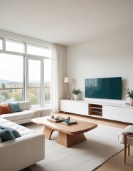 Fototapeta premium White sofa and a tv unit in a spacious room. Luxury home interior design of modern living room