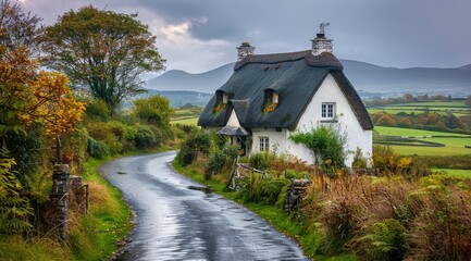 Fototapeta premium White Cottage With Thatched Roof on a Winding Road at Sunset