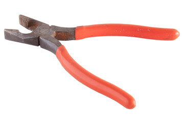 Obraz premium Old red and rusty pliers isolated on white background, professional and home working tool. Tool box.