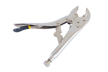 Slightly worn locking pliers isolated on white background. Working tool. Tool box.