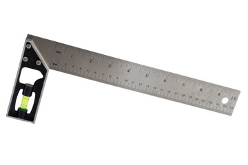 Carpenter's square, metal right angle tool with a level isolated on white background, design and measuring tool.