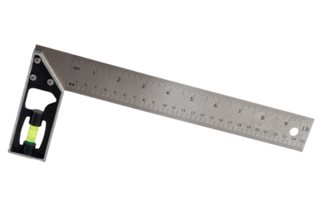 Carpenter's square, metal right angle tool with a level isolated on white background, design and measuring tool.