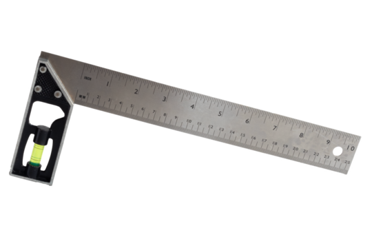Carpenter's square, metal right angle tool with a level isolated on white background, design and measuring tool.