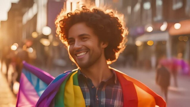 Pride Month concept. Back view of a young curly man carrying a rainbow flag, during the parade for lgbt+ rights