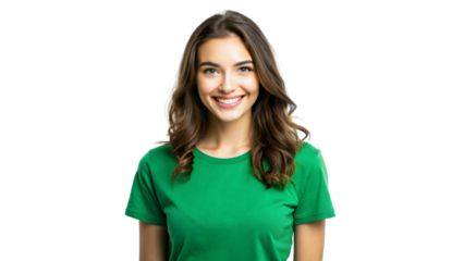 A close-up portrait of a smiling brunette woman in green t shirt with her hair flowing down