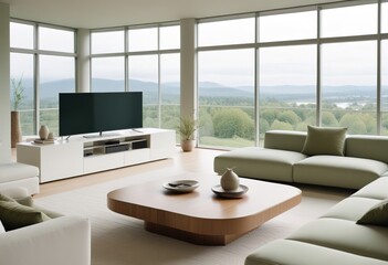 Fototapeta premium White sofa and a tv unit in a spacious room. Luxury home interior design of modern living room