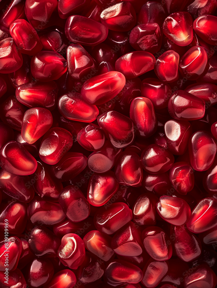 Sticker Bright red background of pomegranate grains. A pile of pomegranate grains scattered on a table, top view. Texture, background for advertising design, packaging, juice, cosmetics.