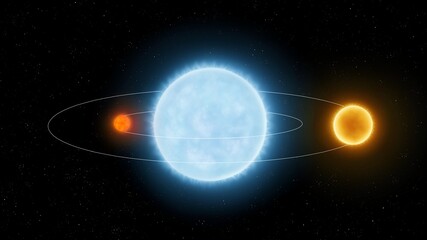 Obraz premium A star system consisting of a blue supergiant, a sun-like star and a red dwarf. Triple star in space.