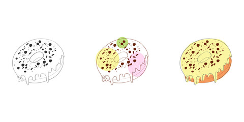 An illustration of three donuts, with one in black and white, another with a yellow, green, and pink glaze, and the last with a yellow glaze and an orange base