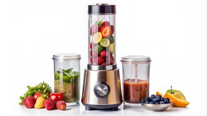 Isolated personal blender on transparent background, showcasing sleek design, stainless steel blades, and compact size, ideal for smoothies and other blended beverages.