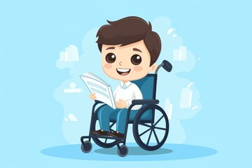 Heartwarming image of a disabled boy in a wheelchair, excited for education, on a colorful background.