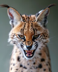 Mystic portrait of Serval, copy space on right side, Anger, Menacing, Headshot, Close-up View Isolated on black background