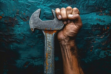 Hand holding wrench as symbol of labor day greeting card professional photography